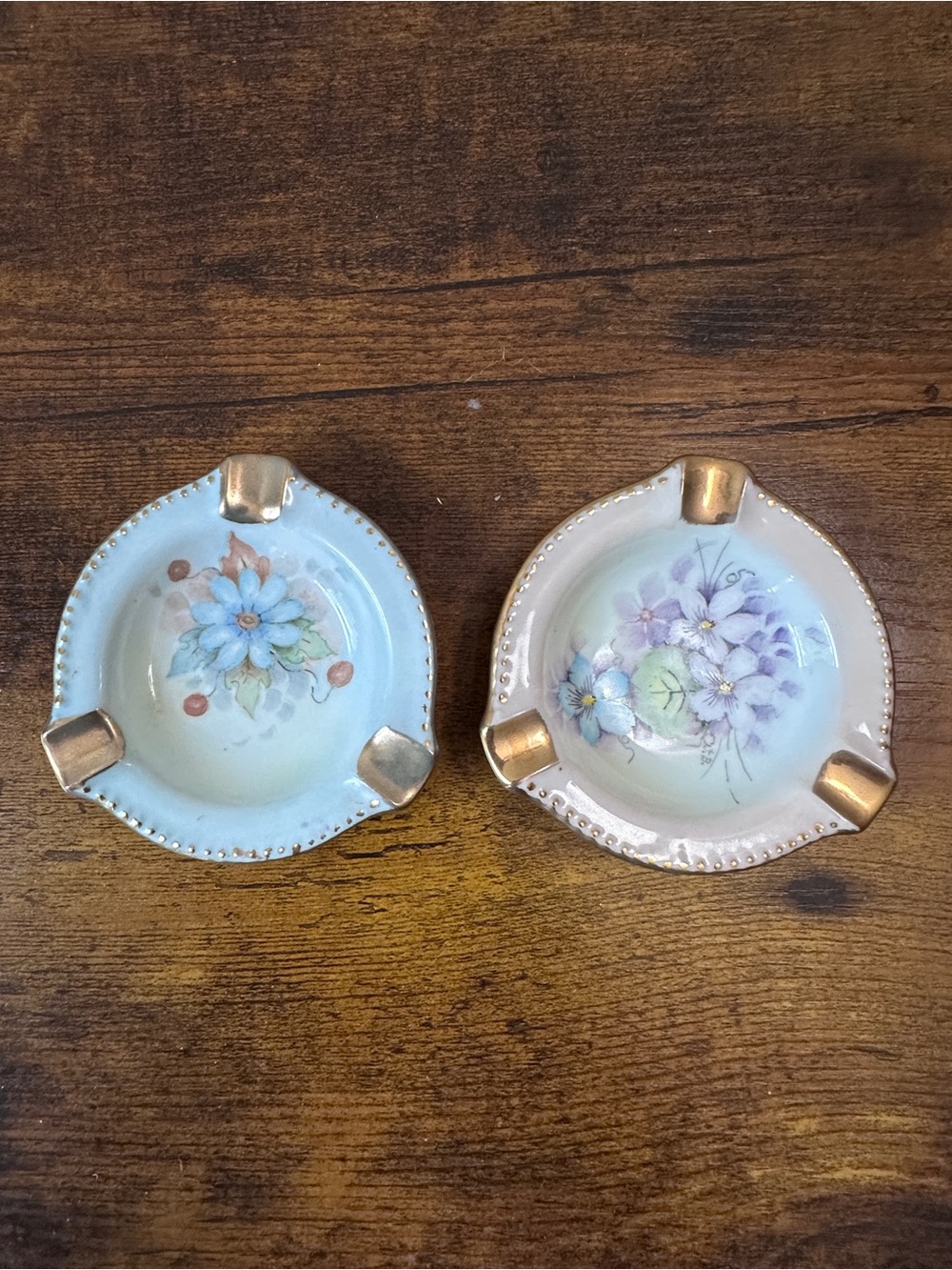Vtg Hand Painted Porcelain Personal Ashtrays Set 2 Signed Cresswell Floral Gold